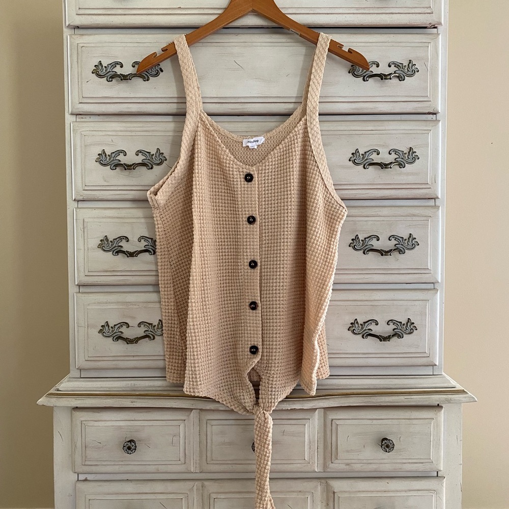 Vici Beige Waffle Knit Tie-Front Tank Top